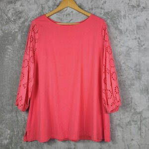 Belle Kim Gravel Coral Eyelet 3/4 Sleeve Tunic Top Modal Comfy Boho Size 1X